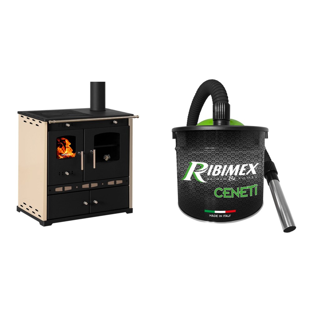 Set Küchenofen / Küchenhexe Prometey Perfect Eco Lux mit rechtem Abzug, Elfenbein, 7.1kW + Elektrischer Aschesauger Ribimex, Modell Cenetì, Fassungsvermögen 15 L | Kaminofen - Holzofen mit Backfach | Kaminofen |