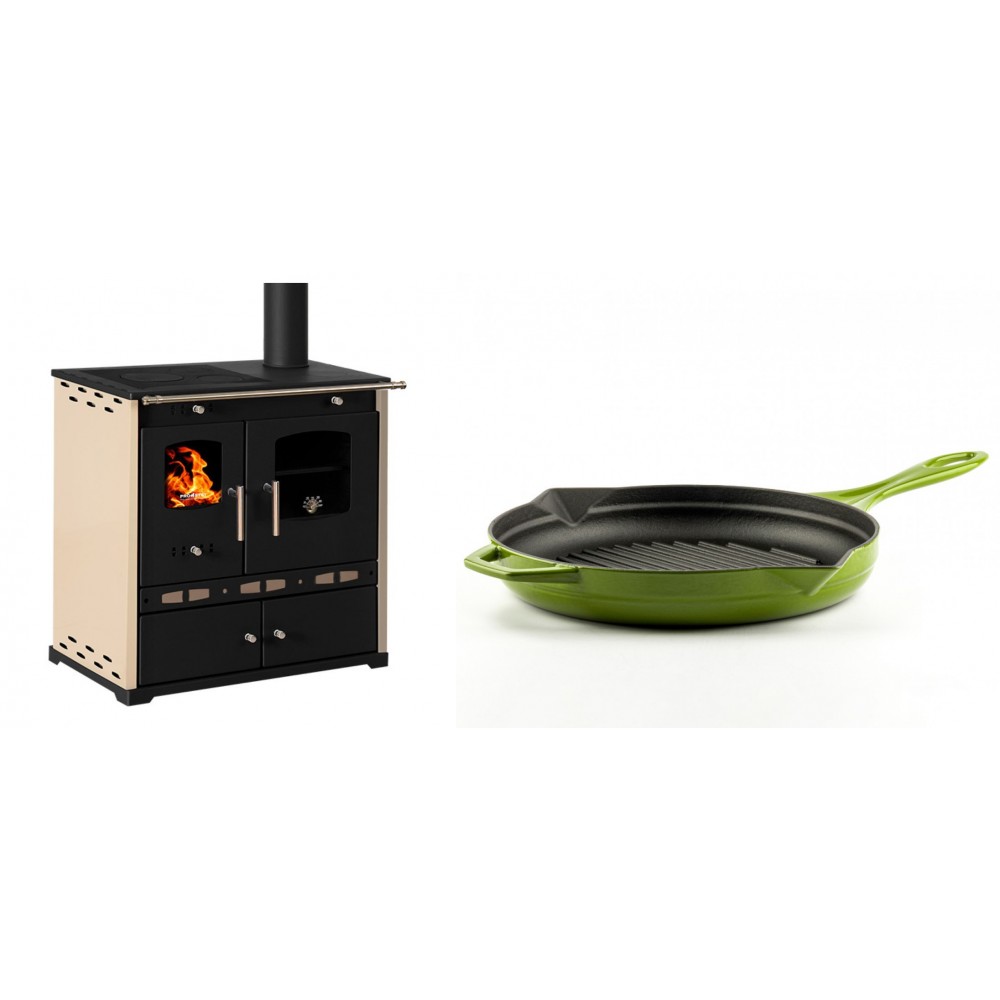 Set Küchenofen / Küchenhexe Prometey Perfect Eco Lux mit rechtem Abzug, Elfenbein, 7.1kW + Emaillierte grillpfanne Gusseisen Solagio, Bamboo, Ф28cm | Kaminofen - Holzofen mit Backfach | Kaminofen |