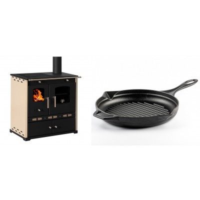 Set Küchenofen / Küchenhexe Prometey Perfect Eco Lux mit rechtem Abzug, Elfenbein, 7.1kW + Emaillierte grillpfanne Gusseisen Solagio, Black Onyx, Ф28cm - Prometey