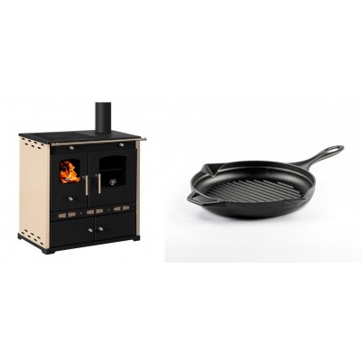 Set Küchenofen / Küchenhexe Prometey Perfect Eco Lux mit rechtem Abzug, Elfenbein, 7.1kW + Emaillierte grillpfanne Gusseisen Solagio, Black Onyx, Ф24cm - Prometey