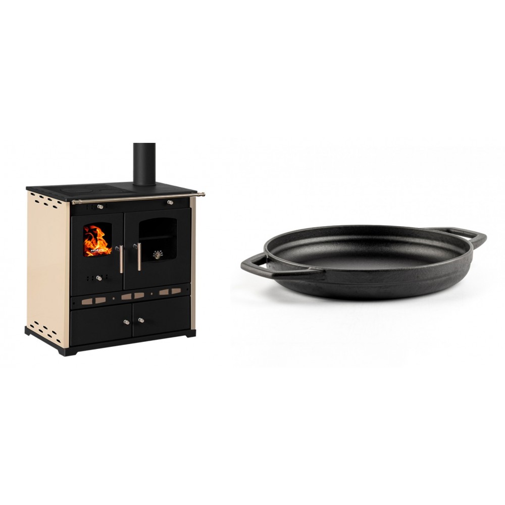 Set Küchenofen / Küchenhexe Prometey Perfect Eco Lux mit rechtem Abzug, Elfenbein, 7.1kW + Emaillierte gusseisenpfanne mit zwei Griffen Solagio, Black Onyx, Ф22cm
