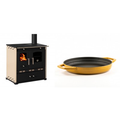 Set Küchenofen / Küchenhexe Prometey Perfect Eco Lux mit rechtem Abzug, Elfenbein, 7.1kW + Emaillierte gusseisenpfanne mit zwei Griffen Solagio, Dijon, Ф22cm - Prometey