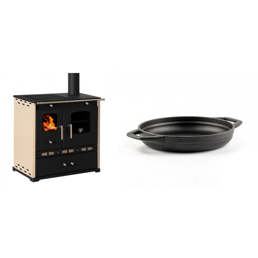 Set Küchenofen / Küchenhexe Prometey Perfect Eco Lux mit rechtem Abzug, Elfenbein, 7.1kW + Emaillierte gusseisenpfanne mit zwei Griffen Solagio, Black Onyx, Ф19cm | Kaminofen - Holzofen mit Backfach | Kaminofen |