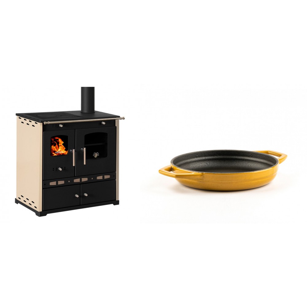 Set Küchenofen / Küchenhexe Prometey Perfect Eco Lux mit rechtem Abzug, Elfenbein, 7.1kW + Emaillierte gusseisenpfanne mit zwei Griffen Solagio, Dijon, Ф16cm | Kaminofen - Holzofen mit Backfach | Kaminofen |