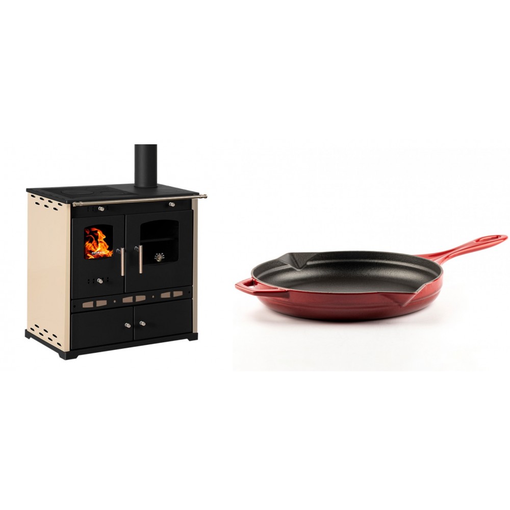 Set Küchenofen / Küchenhexe Prometey Perfect Eco Lux mit rechtem Abzug, Elfenbein, 7.1kW + Emaillierte Gusseisenpfanne Solagio, Rubin, Ф28cm | Kaminofen - Holzofen mit Backfach | Kaminofen |