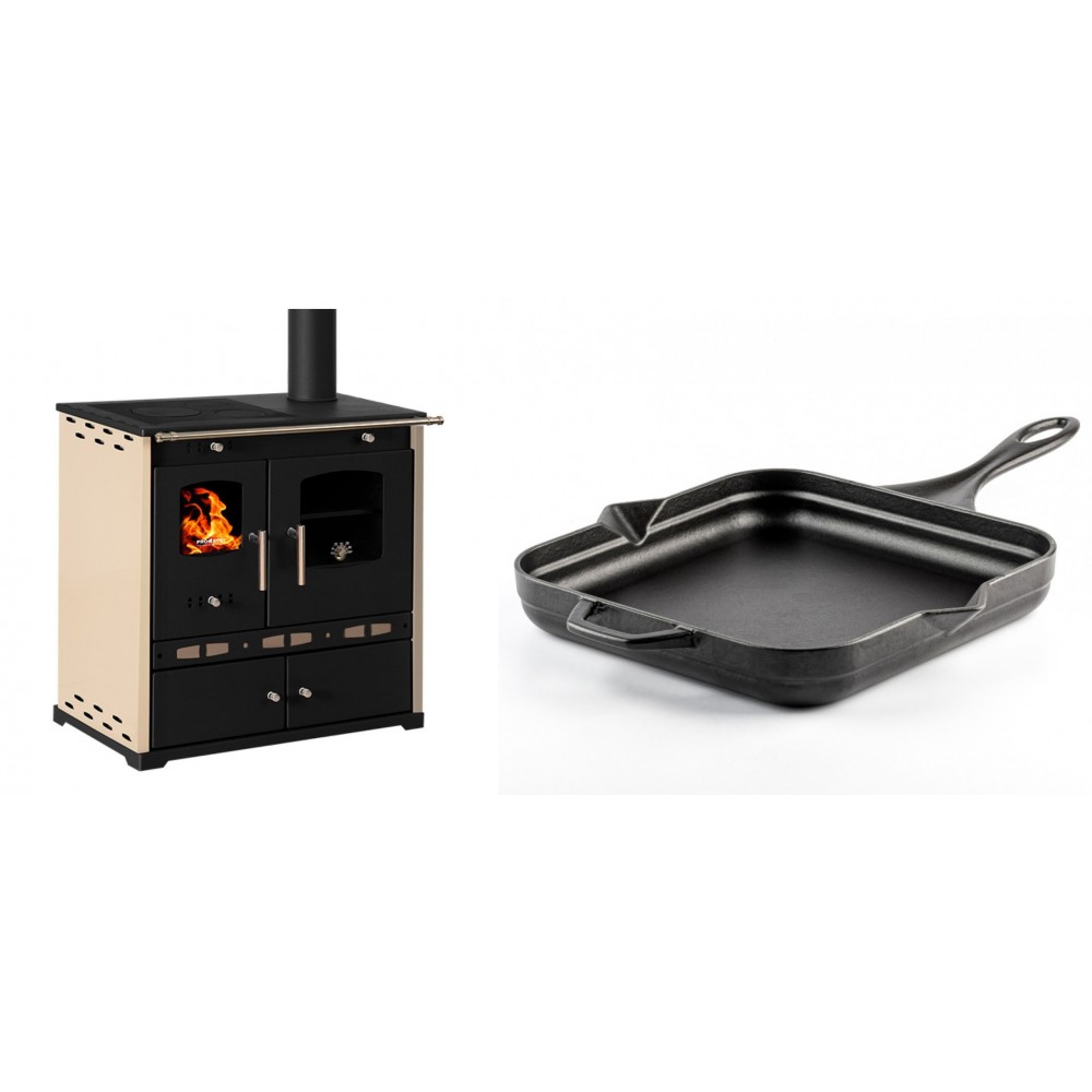 Set Küchenofen / Küchenhexe Prometey Perfect Eco Lux mit rechtem Abzug, Elfenbein, 7.1kW + Emaillierte Gusseisenpfanne Solagio, Black Onyx, 28x28cm