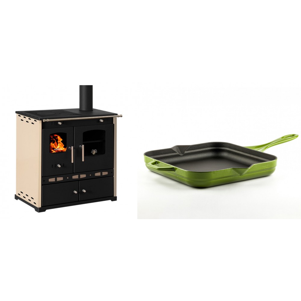Set Küchenofen / Küchenhexe Prometey Perfect Eco Lux mit rechtem Abzug, Elfenbein, 7.1kW + Emaillierte Gusseisenpfanne Solagio, Bamboo, 28x28cm | Kaminofen - Holzofen mit Backfach | Kaminofen |