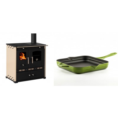 Set Küchenofen / Küchenhexe Prometey Perfect Eco Lux mit rechtem Abzug, Elfenbein, 7.1kW + Emaillierte Gusseisenpfanne Solagio, Bamboo, 28x28cm - Prometey