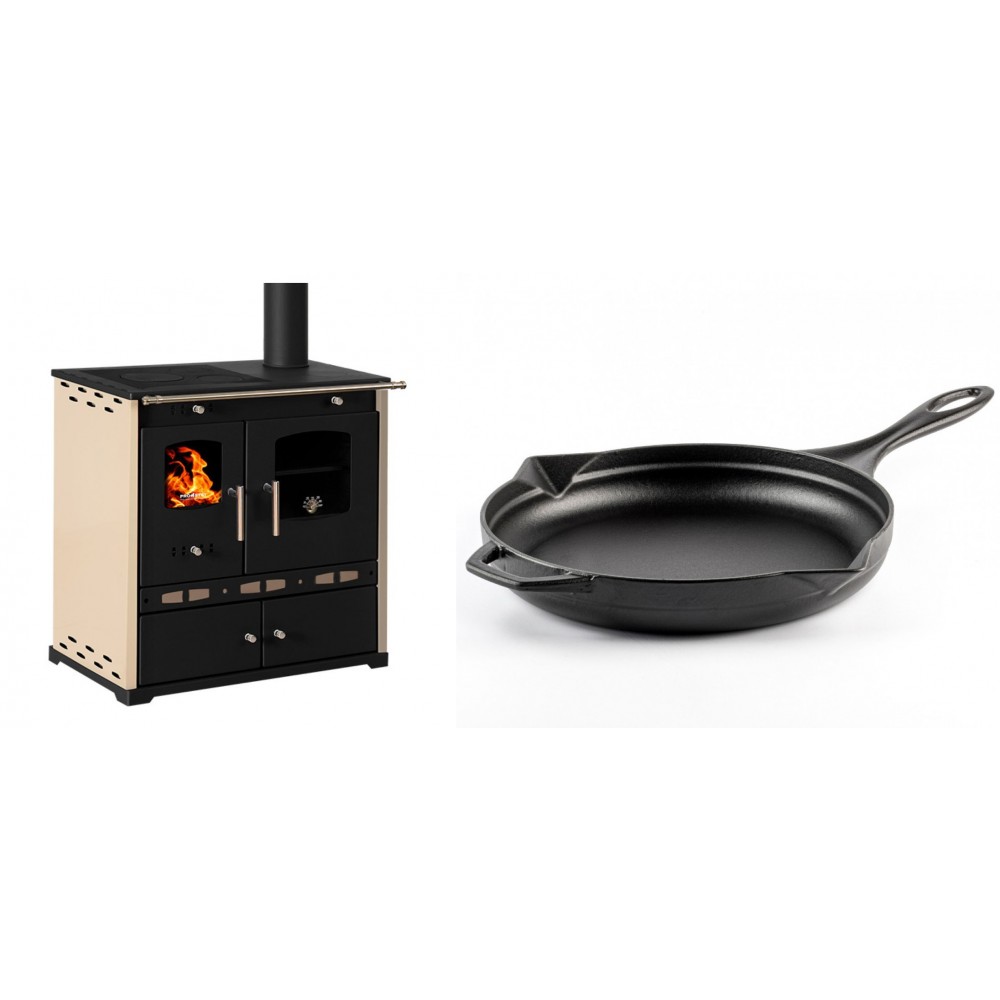 Set Küchenofen / Küchenhexe Prometey Perfect Eco Lux mit rechtem Abzug, Elfenbein, 7.1kW + Emaillierte Gusseisenpfanne Solagio, Black Onyx, Ф28cm | Kaminofen - Holzofen mit Backfach | Kaminofen |