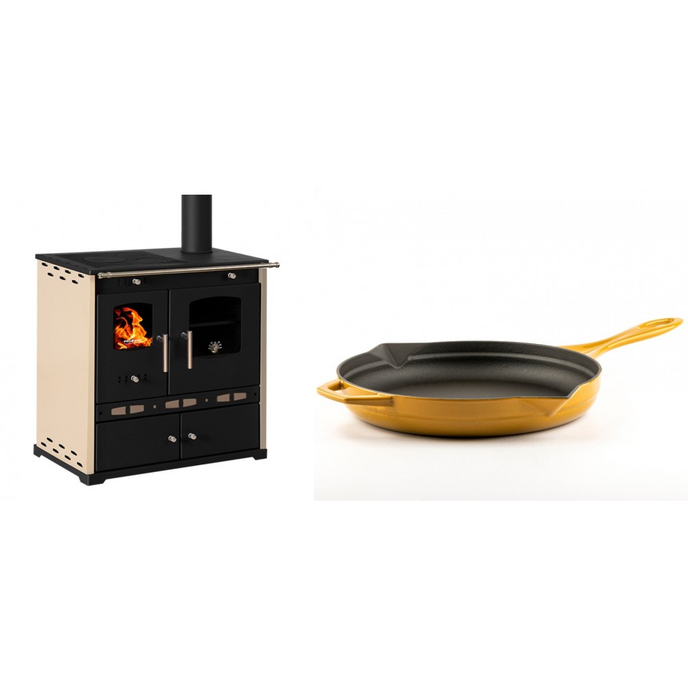 Set Küchenofen / Küchenhexe Prometey Perfect Eco Lux mit rechtem Abzug, Elfenbein, 7.1kW + Emaillierte Gusseisenpfanne Solagio, Dijon, Ф28cm | Kaminofen - Holzofen mit Backfach | Kaminofen |