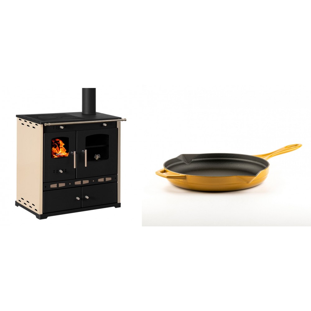 Set Küchenofen / Küchenhexe Prometey Perfect Eco Lux mit rechtem Abzug, Elfenbein, 7.1kW + Emaillierte Gusseisenpfanne Solagio, Dijon, Ф24cm
