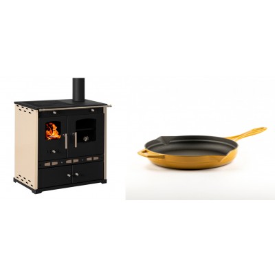 Set Küchenofen / Küchenhexe Prometey Perfect Eco Lux mit rechtem Abzug, Elfenbein, 7.1kW + Emaillierte Gusseisenpfanne Solagio, Dijon, Ф24cm - Prometey