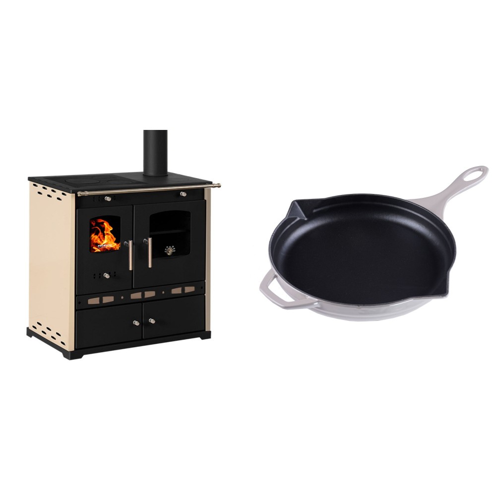 Set Küchenofen / Küchenhexe Prometey Perfect Eco Lux mit rechtem Abzug, Elfenbein, 7.1kW + Emaillierte Gusseisenpfanne Solagio, Ivory, Ф28cm | Kaminofen - Holzofen mit Backfach | Kaminofen |
