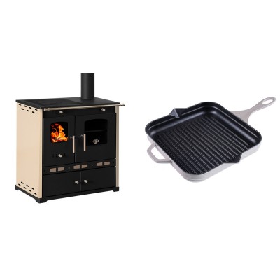 Set Küchenofen / Küchenhexe Prometey Perfect Eco Lux mit rechtem Abzug, Elfenbein, 7.1kW + Emaillierte grillpfanne Gusseisen Solagio, Ivory, 28x28cm - Prometey