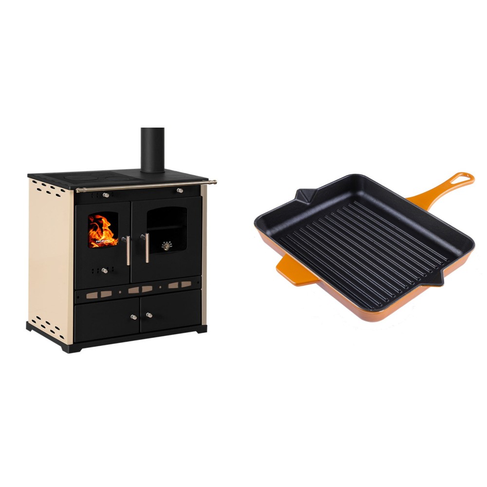 Set Küchenofen / Küchenhexe Prometey Perfect Eco Lux mit rechtem Abzug, Elfenbein, 7.1kW + Emaillierte grillpfanne Gusseisen Solagio, Dijon, 26x32cm