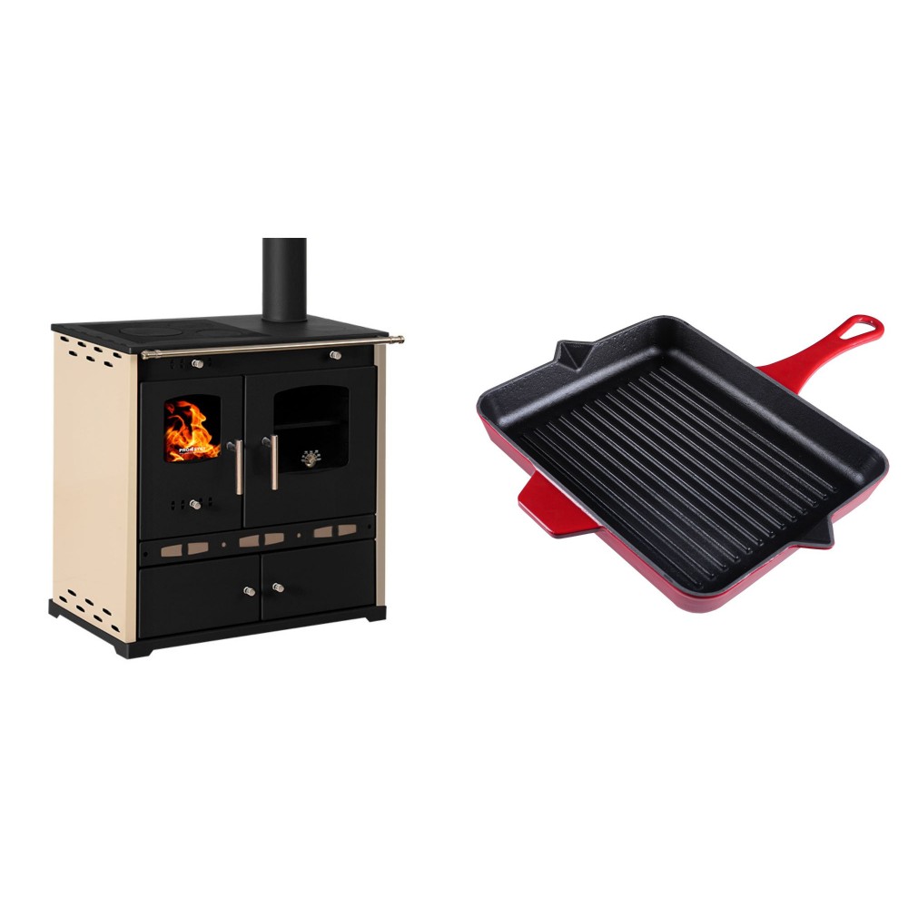 Set Küchenofen / Küchenhexe Prometey Perfect Eco Lux mit rechtem Abzug, Elfenbein, 7.1kW + Emaillierte grillpfanne Gusseisen Solagio, Rubin, 26x32cm