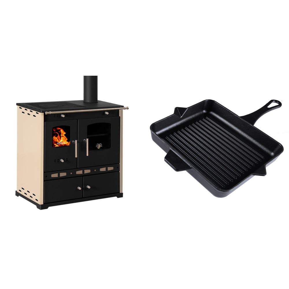 Set Küchenofen / Küchenhexe Prometey Perfect Eco Lux mit rechtem Abzug, Elfenbein, 7.1kW + Emaillierte grillpfanne Gusseisen Solagio, Black Onyx, 26x32cm