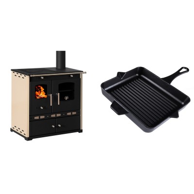 Set Küchenofen / Küchenhexe Prometey Perfect Eco Lux mit rechtem Abzug, Elfenbein, 7.1kW + Emaillierte grillpfanne Gusseisen Solagio, Black Onyx, 26x32cm - Prometey