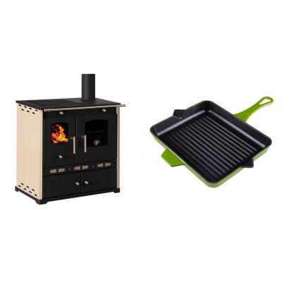 Set Küchenofen / Küchenhexe Prometey Perfect Eco Lux mit rechtem Abzug, Elfenbein, 7.1kW + Emaillierte grillpfanne Gusseisen Solagio, Bamboo, 26x32cm - Prometey