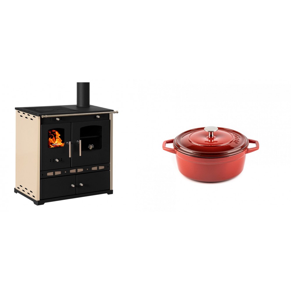 Set Küchenofen / Küchenhexe Prometey Perfect Eco Lux mit rechtem Abzug, Elfenbein, 7.1kW + Gusseisen Topf Tiefer Solagio, Rubin, Ф12 | Kaminofen - Holzofen mit Backfach | Kaminofen |
