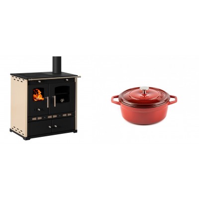 Set Küchenofen / Küchenhexe Prometey Perfect Eco Lux mit rechtem Abzug, Elfenbein, 7.1kW + Gusseisen Topf Tiefer Solagio, Rubin, Ф12 - Prometey