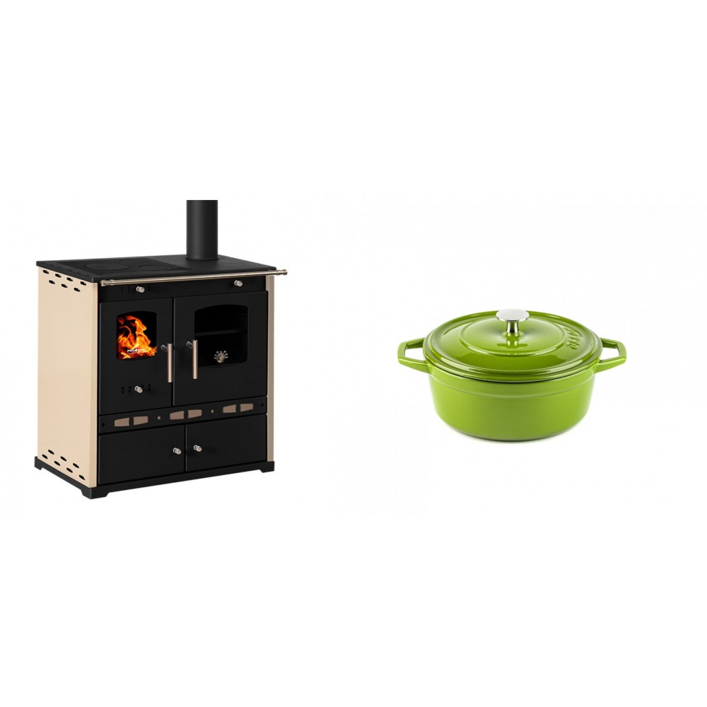 Set Küchenofen / Küchenhexe Prometey Perfect Eco Lux mit rechtem Abzug, Elfenbein, 7.1kW + Gusseisen Topf Tiefer Solagio, Bamboo, Ф12