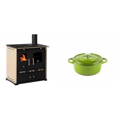 Set Küchenofen / Küchenhexe Prometey Perfect Eco Lux mit rechtem Abzug, Elfenbein, 7.1kW + Gusseisen Topf Tiefer Solagio, Bamboo, Ф12 - Prometey