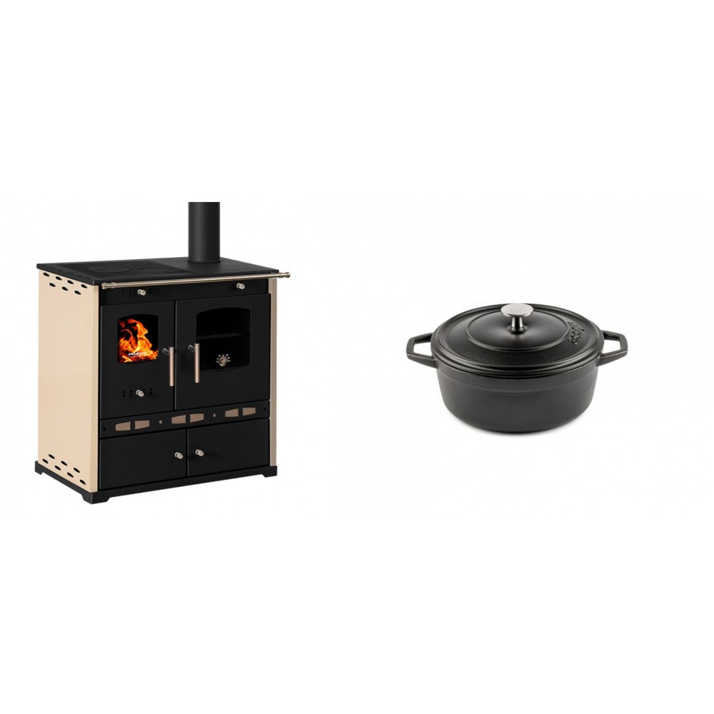 Set Küchenofen / Küchenhexe Prometey Perfect Eco Lux mit rechtem Abzug, Elfenbein, 7.1kW + Gusseisen Topf Tiefer Solagio, Black Onyx, Ф12