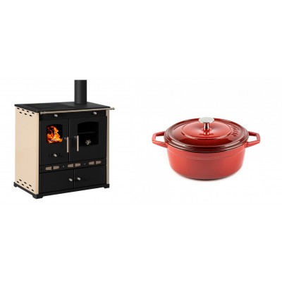 Set Küchenofen / Küchenhexe Prometey Perfect Eco Lux mit rechtem Abzug, Elfenbein, 7.1kW + Gusseisen Topf Tiefer Solagio, Rubin, Ф20 - Prometey