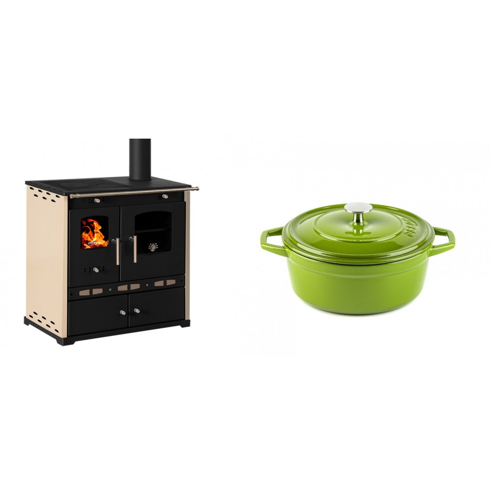Set Küchenofen / Küchenhexe Prometey Perfect Eco Lux mit rechtem Abzug, Elfenbein, 7.1kW + Gusseisen Topf Tiefer Solagio, Bamboo, Ф20 | Kaminofen - Holzofen mit Backfach | Kaminofen |