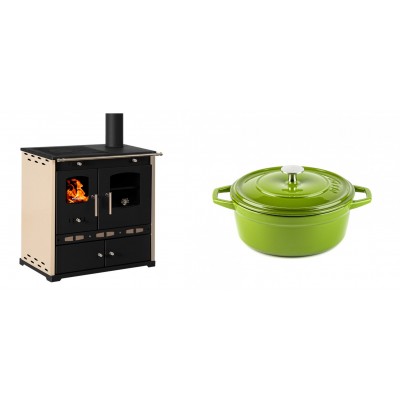 Set Küchenofen / Küchenhexe Prometey Perfect Eco Lux mit rechtem Abzug, Elfenbein, 7.1kW + Gusseisen Topf Tiefer Solagio, Bamboo, Ф20 - Prometey