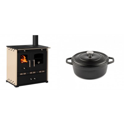 Set Küchenofen / Küchenhexe Prometey Perfect Eco Lux mit rechtem Abzug, Elfenbein, 7.1kW + Gusseisen Topf Tiefer Solagio, Black Onyx, Ф20 - Prometey