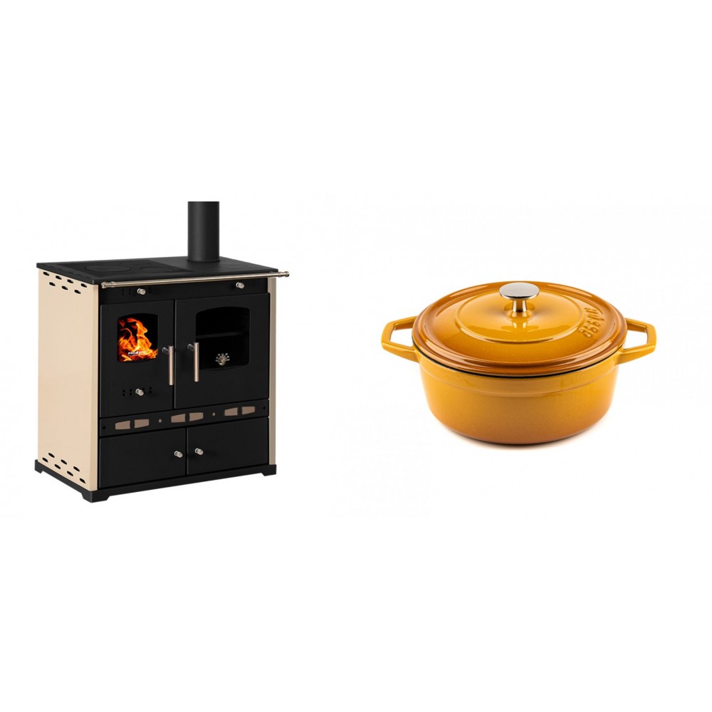 Set Küchenofen / Küchenhexe Prometey Perfect Eco Lux mit rechtem Abzug, Elfenbein, 7.1kW + Gusseisen Topf Tiefer Solagio, Dijon, Ф20 | Kaminofen - Holzofen mit Backfach | Kaminofen |