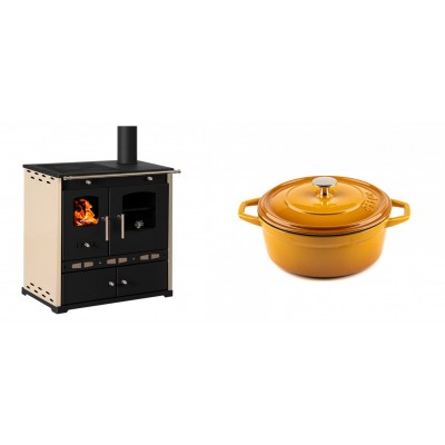 Set Küchenofen / Küchenhexe Prometey Perfect Eco Lux mit rechtem Abzug, Elfenbein, 7.1kW + Gusseisen Topf Tiefer Solagio, Dijon, Ф20 - Prometey