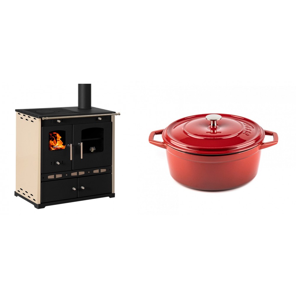 Set Küchenofen / Küchenhexe Prometey Perfect Eco Lux mit rechtem Abzug, Elfenbein, 7.1kW + Gusseisen Topf Tiefer Solagio, Rubin, Ф24