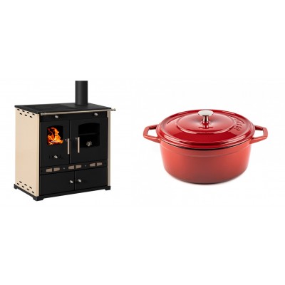 Set Küchenofen / Küchenhexe Prometey Perfect Eco Lux mit rechtem Abzug, Elfenbein, 7.1kW + Gusseisen Topf Tiefer Solagio, Rubin, Ф24 - Prometey