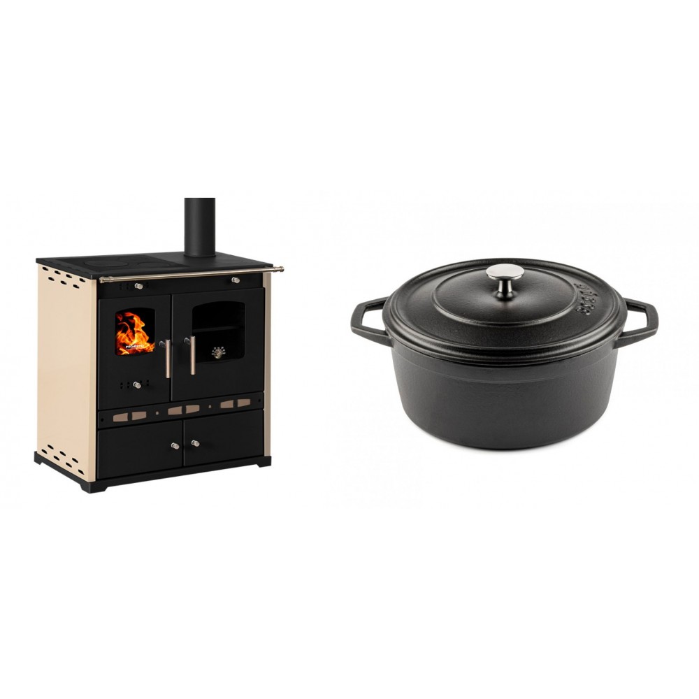 Set Küchenofen / Küchenhexe Prometey Perfect Eco Lux mit rechtem Abzug, Elfenbein, 7.1kW + Gusseisen Topf Tiefer Solagio, Black Onyx, Ф24 | Kaminofen - Holzofen mit Backfach | Kaminofen |