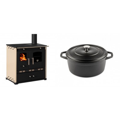 Set Küchenofen / Küchenhexe Prometey Perfect Eco Lux mit rechtem Abzug, Elfenbein, 7.1kW + Gusseisen Topf Tiefer Solagio, Black Onyx, Ф24 - Prometey