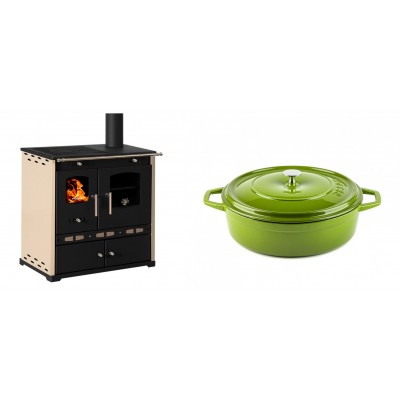 Set Küchenofen / Küchenhexe Prometey Perfect Eco Lux mit rechtem Abzug, Elfenbein, 7.1kW + Gusseisen Topf Flach Solagio, Bamboo, Ф26 - Prometey