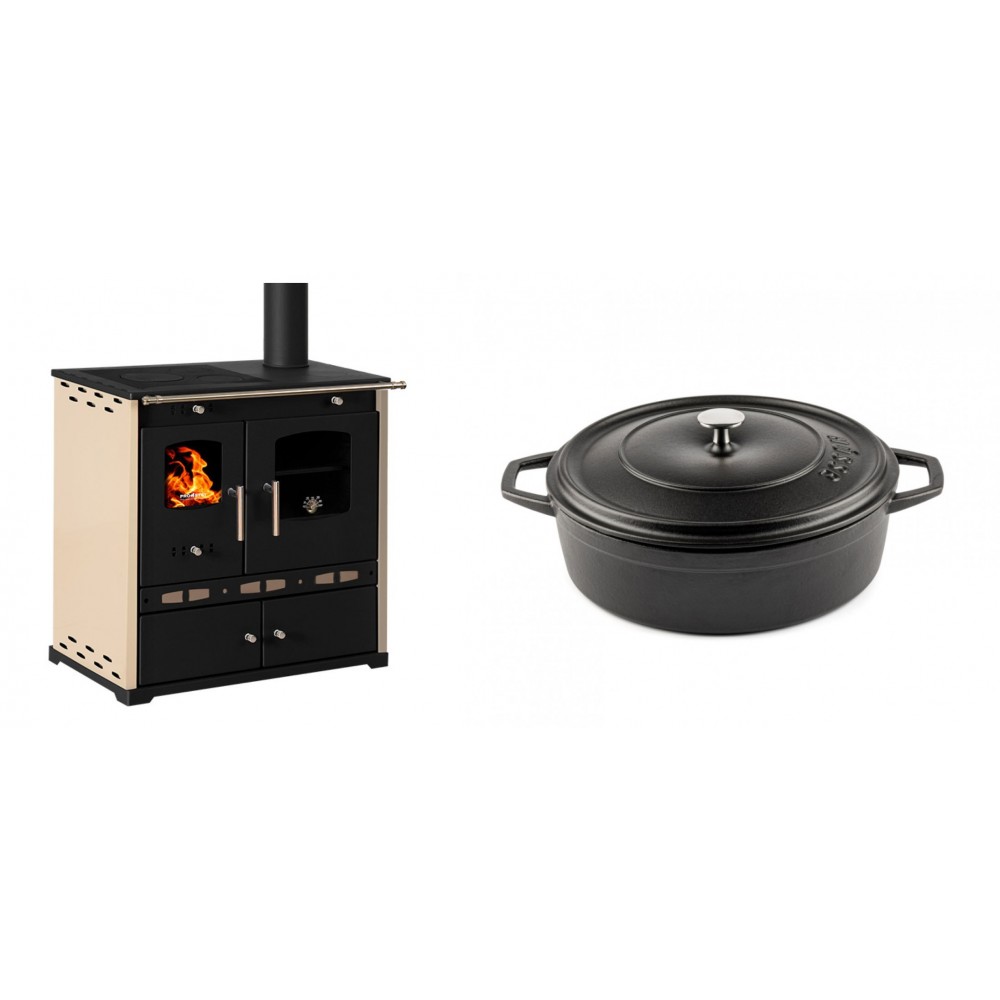 Set Küchenofen / Küchenhexe Prometey Perfect Eco Lux mit rechtem Abzug, Elfenbein, 7.1kW + Gusseisen Topf Flach Solagio, Black Onyx, Ф26