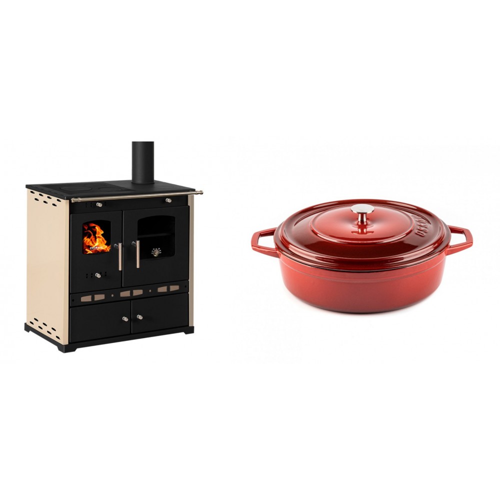 Set Küchenofen / Küchenhexe Prometey Perfect Eco Lux mit rechtem Abzug, Elfenbein, 7.1kW + Gusseisen Topf Flach Solagio, Rubin, Ф26 | Kaminofen - Holzofen mit Backfach | Kaminofen |