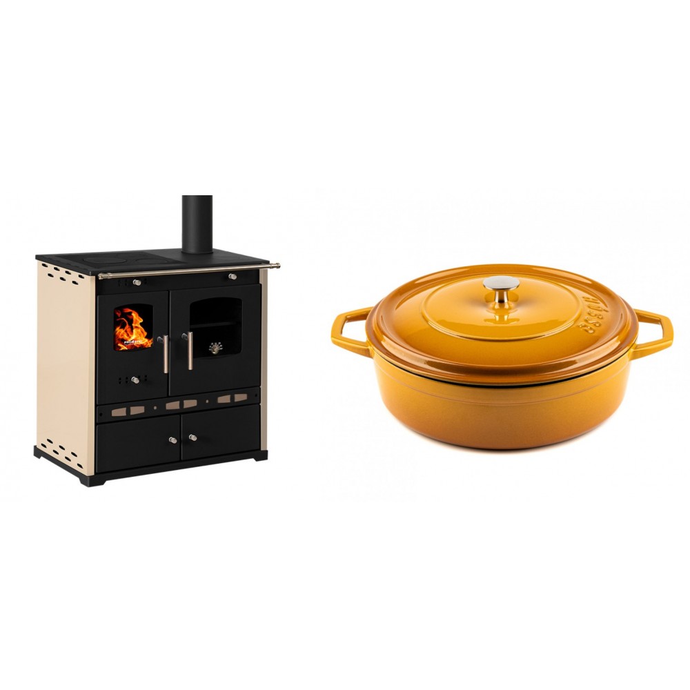 Set Küchenofen / Küchenhexe Prometey Perfect Eco Lux mit rechtem Abzug, Elfenbein, 7.1kW + Gusseisen Topf Flach Solagio, Dijon, Ф28 | Kaminofen - Holzofen mit Backfach | Kaminofen |