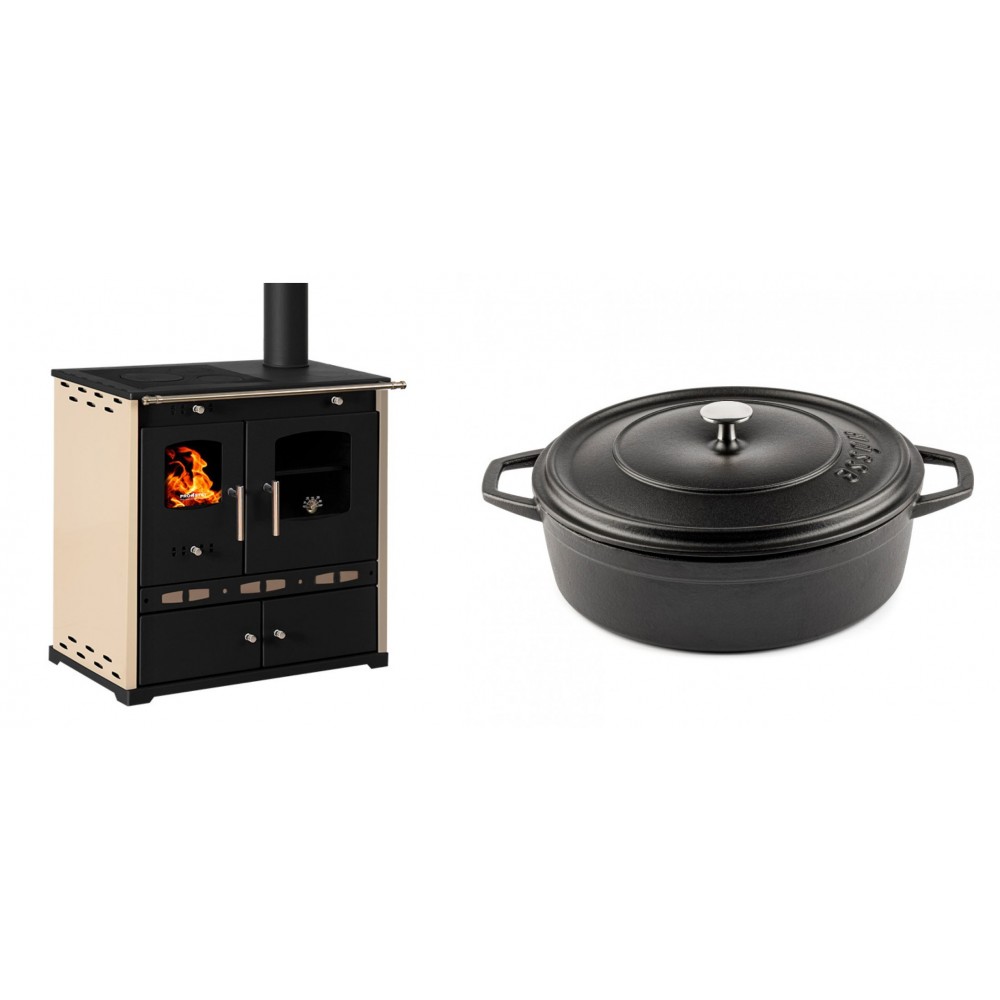 Set Küchenofen / Küchenhexe Prometey Perfect Eco Lux mit rechtem Abzug, Elfenbein, 7.1kW + Gusseisen Topf Flach Solagio, Black Onyx, Ф28