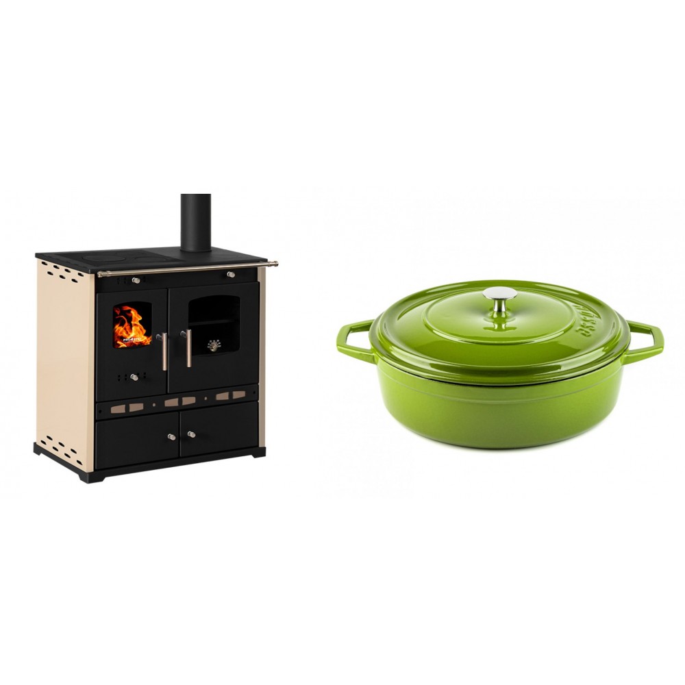 Set Küchenofen / Küchenhexe Prometey Perfect Eco Lux mit rechtem Abzug, Elfenbein, 7.1kW + Gusseisen Topf Flach Solagio, Bamboo, Ф28