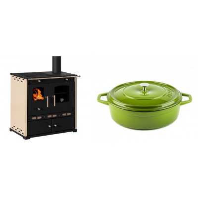 Set Küchenofen / Küchenhexe Prometey Perfect Eco Lux mit rechtem Abzug, Elfenbein, 7.1kW + Gusseisen Topf Flach Solagio, Bamboo, Ф28 - Prometey