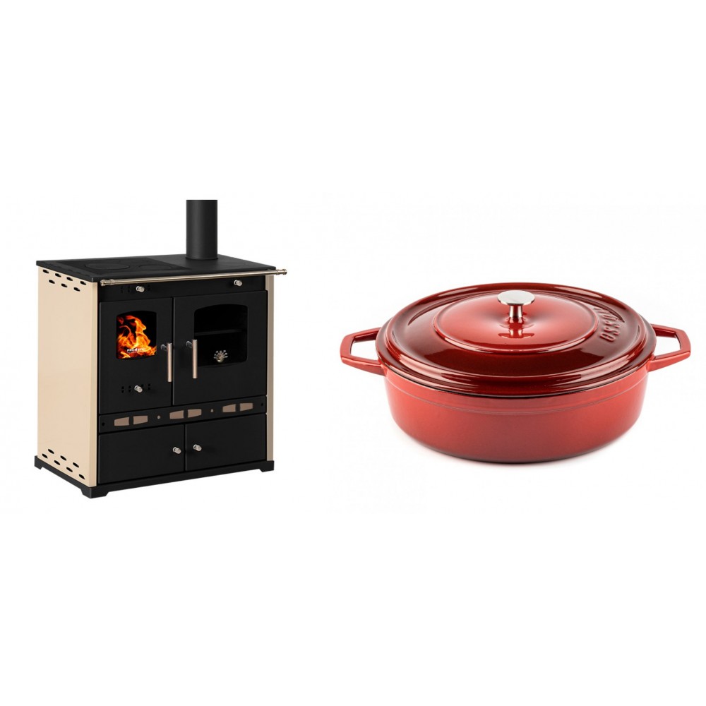 Set Küchenofen / Küchenhexe Prometey Perfect Eco Lux mit rechtem Abzug, Elfenbein, 7.1kW + Gusseisen Topf Flach Solagio, Rubin, Ф28 | Kaminofen - Holzofen mit Backfach | Kaminofen |