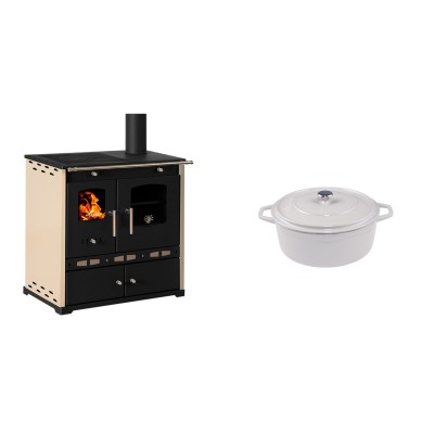 Set Küchenofen / Küchenhexe Prometey Perfect Eco Lux mit rechtem Abzug, Elfenbein, 7.1kW + Gusseisen Topf Tiefer Solagio, Ivory, Ф12 - Prometey