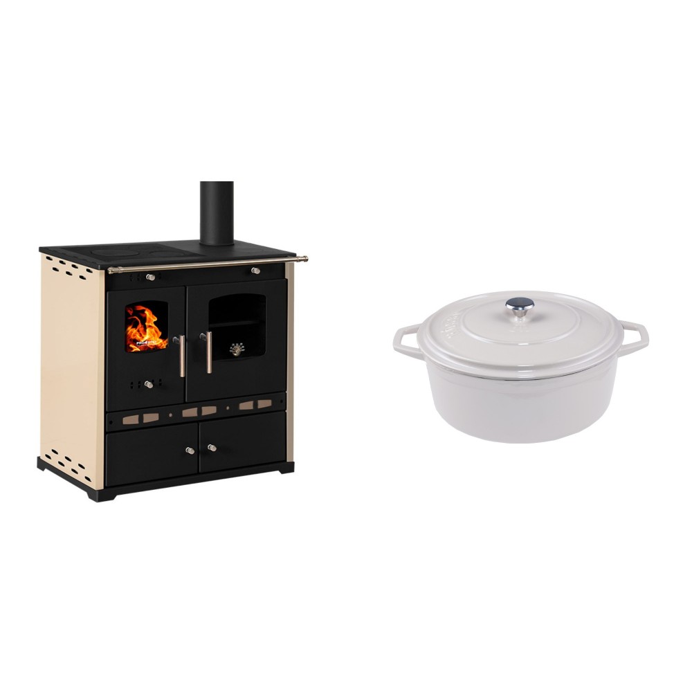 Set Küchenofen / Küchenhexe Prometey Perfect Eco Lux mit rechtem Abzug, Elfenbein, 7.1kW + Gusseisen Topf Tiefer Solagio, Ivory, Ф20 | Kaminofen - Holzofen mit Backfach | Kaminofen |