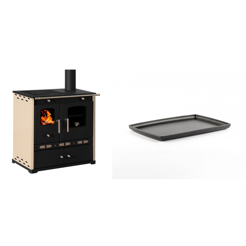 Set Küchenofen / Küchenhexe Prometey Perfect Eco Lux mit rechtem Abzug, Elfenbein, 7.1kW + Rechteckige Servierplatte aus Gusseisen Solagio, 21x31cm | Kaminofen - Holzofen mit Backfach | Kaminofen |