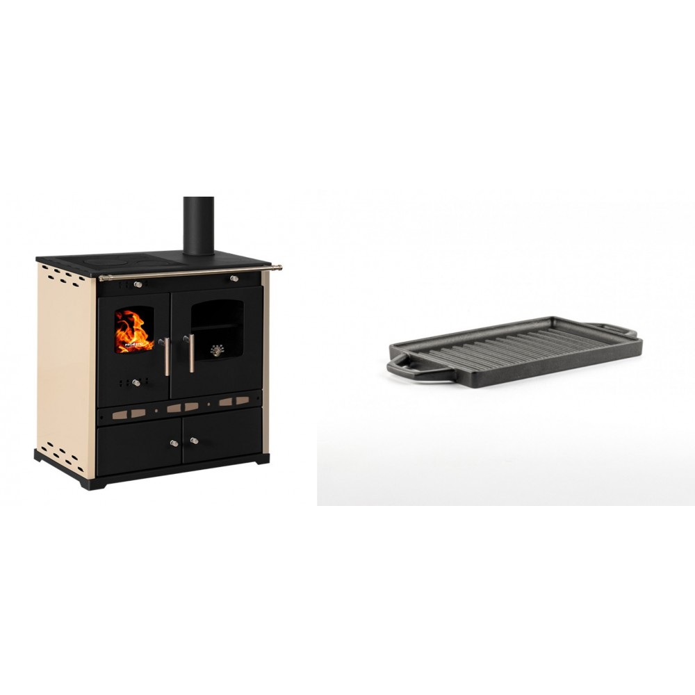 Set Küchenofen / Küchenhexe Prometey Perfect Eco Lux mit rechtem Abzug, Elfenbein, 7.1kW + Mini-Grillplatte aus Gusseisen Solagio, 15.5x22.5cm